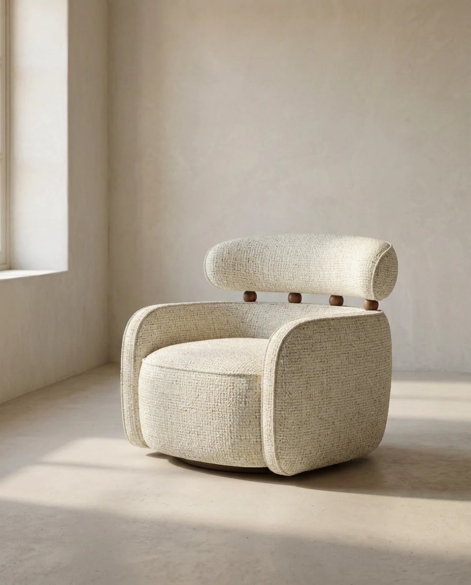 Fauteuil Pivotant Perles en Bouclette écrue, vu de trois quarts dans une pièce marrakchie baignée de lumière