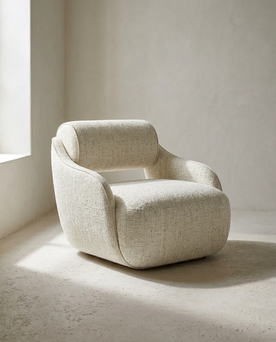 Fauteuil Sculpté en Bouclette écrue, vu de trois quarts dans une pièce marrakchie baignée de lumière