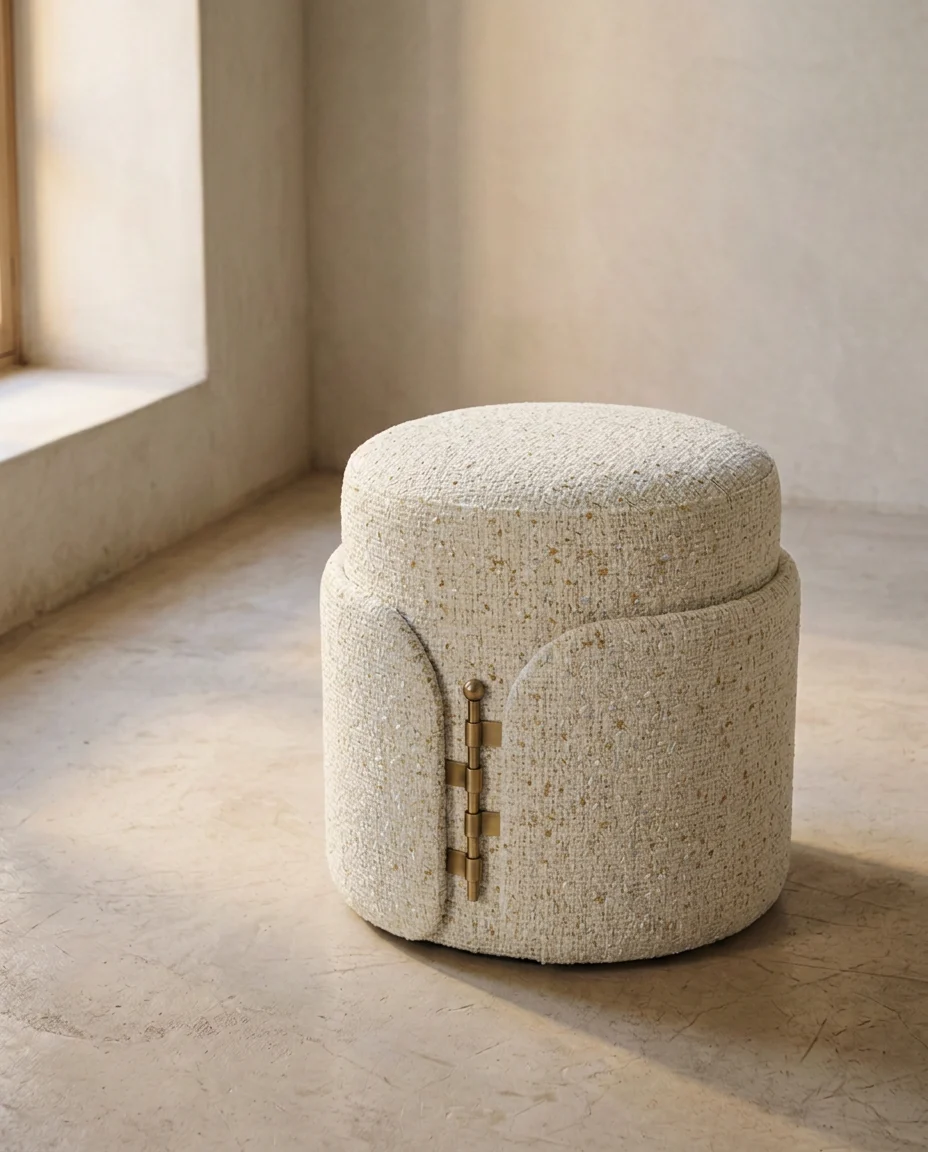 Pouf Tambour en Bouclette écrue, vu de trois quarts dans une pièce marrakchie baignée de lumière